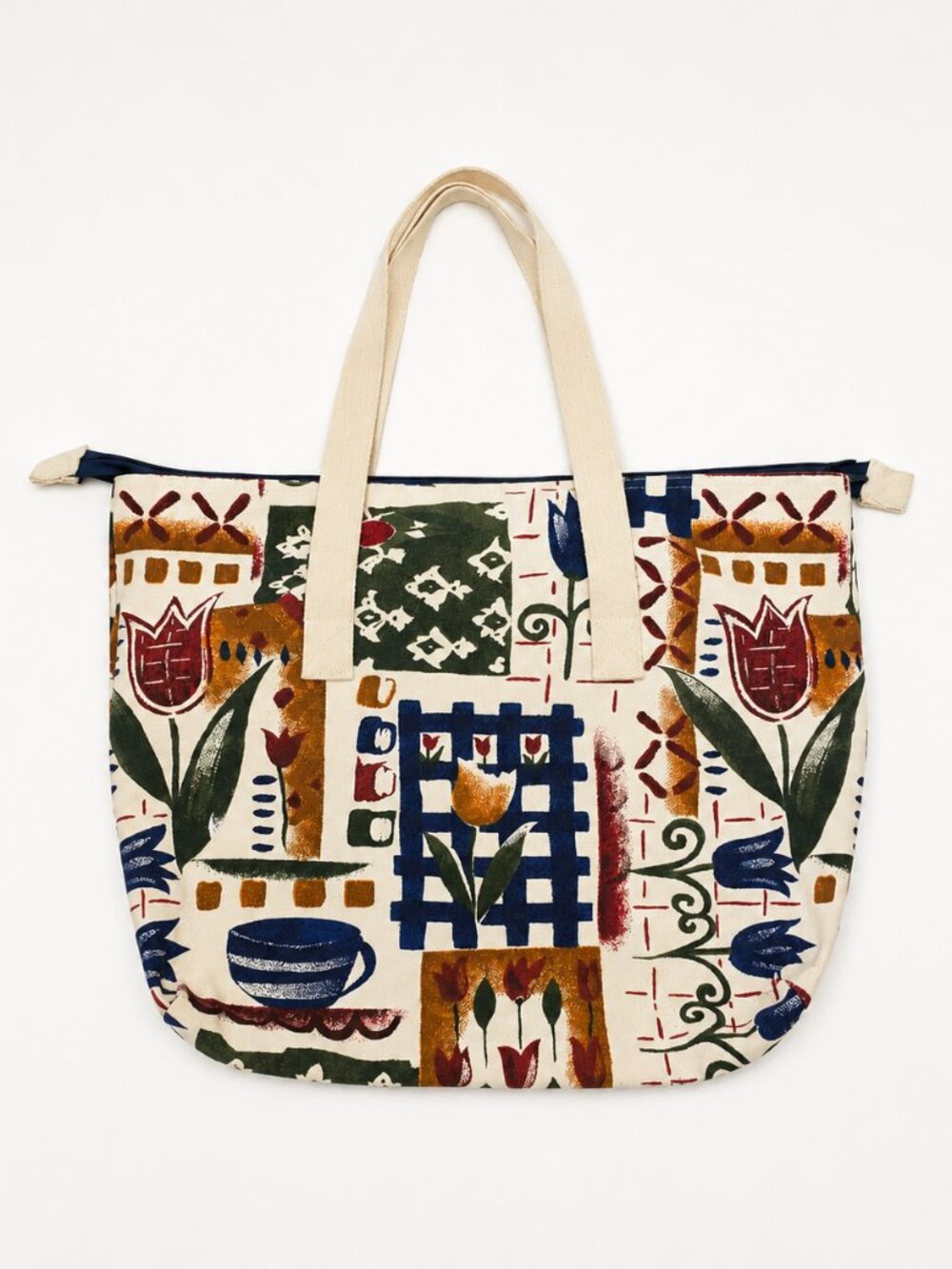 Canvas Tote Bag With Coffee Mug And Floral Designs